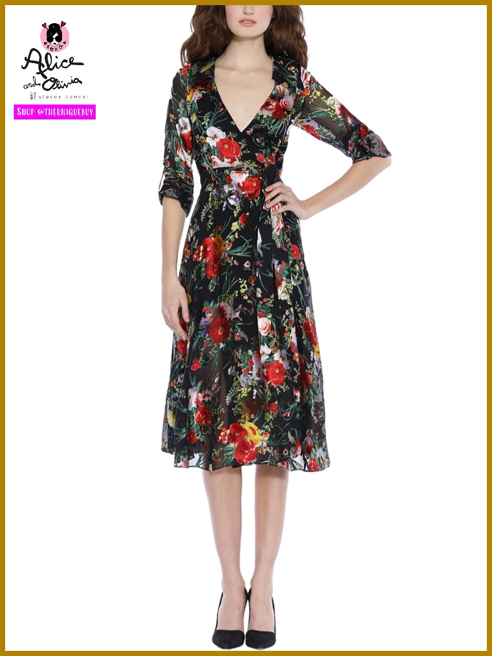 Alice + Olivia Abney Floral Black Red Collared Midi Dress